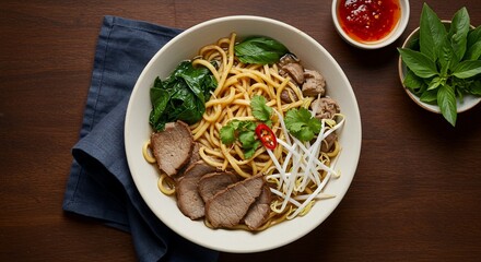 Asian noodle bowl with beef and vegetables overhead view