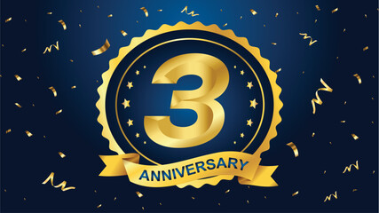 Golden "3" anniversary badge with ribbon and falling confetti on a dark blue background, perfect for celebrating third milestones and achievements.