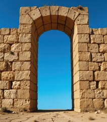 Magnificent stone archway entrance, framed by a clear vibrant blue sky