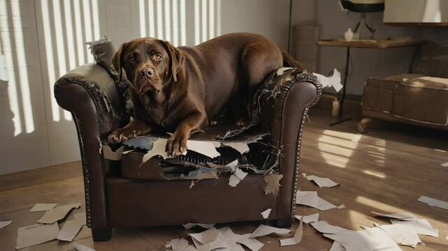 Nughty dog that has broken a sofa at home.