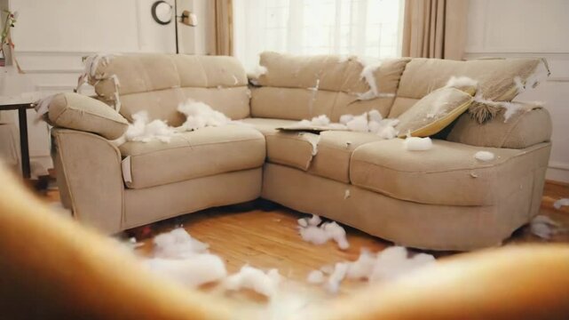 Nughty dog that has broken a sofa at home.