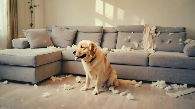 Nughty dog that has broken a sofa at home.