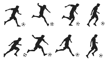 Silhouette Collection of Soccer Players in Dynamic Action Poses, Isolated on Clean White Background for Sports and Athletic Vector Design