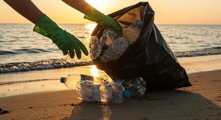 Beach clean up collect plastic bottle waste