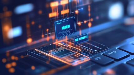 A futuristic digital interface with glowing data visualization and holographic screens emerging from a keyboard in a high-tech environment.