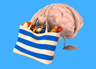 Fun 3D cartoon brain with a beach bag
