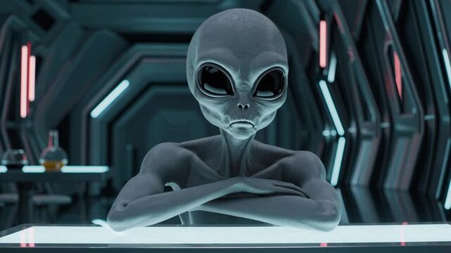 Alien gris assis dans une salle futuriste st&eacute;rile