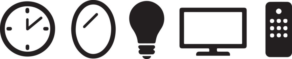 Flat black vector illustrations of household items including clock, mirror, light bulb, TV, and remote control.
