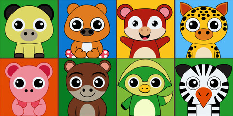 Collection of eight cute cartoon animals in colorful squares