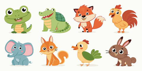 Collection of cute cartoon animals including frog crocodile fox rooster elephant squirrel duck and rabbit