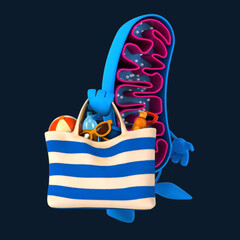 Fun 3D cartoon mitochondria with a beach bag
