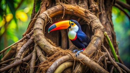 Fototapeta premium A Vibrant Toucan Perched Amidst the Intricate Web of Ancient Tree Roots in a Lush, Verdant Forest