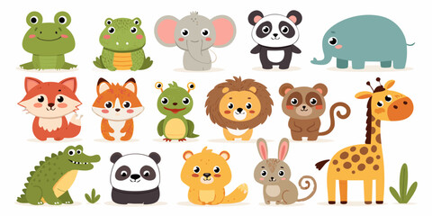 Collection of cute cartoon animals including a frog fox elephant panda lion and giraffe