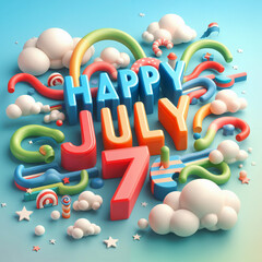 Playful 3D design celebrating July 7th with colorful letters and whimsical elements