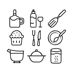 Collection of simple black and white icons representing food and drink
