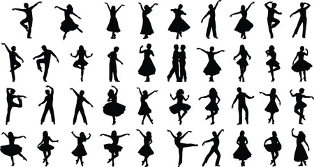 Silhouettes of dancers in motion, various dance styles and poses, expressive black figures on white background, symbolizing movement, rhythm, energy, and artistic creativity