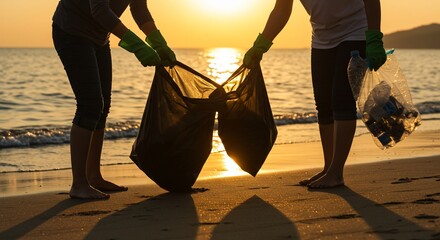 Beach cleanup volunteer effort at sunset