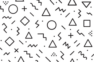 Minimalist black and white vector pattern featuring Memphis style abstract curves, geometric shapes, and bold lines, all outlined in clean black strokes.