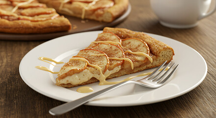 A slice of apple cinnamon pizza with thin apple slices, cinnamon sugar, and vanilla drizzle. Presented on a white dessert plate with a fork, on a rustic surface under soft golden light
