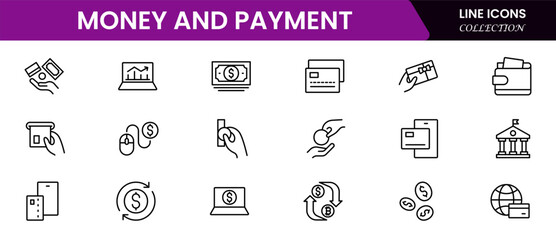 Money and payment are simple, minimal, thin line icons. Related money, credit card, atm, purchase, bill. Editable stroke. Vector illustration.