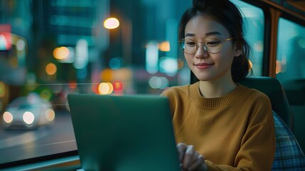 A young Asian woman with glasses is smiling while working on her laptop in a cozy, illuminated bus setting during nighttime.