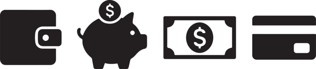 Flat black-and-white vector illustrations of money and finance symbols like wallet, piggy bank, dollar bill, and credit card.

