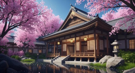 Fototapeta premium Serene Japanese Temple Gardens Bloom with Cherry Blossoms