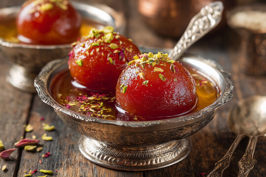 Two gulab jamuns served in a small traditional silver bowl with rose syrup, garnished with pistachio flakes. Minimal background