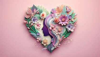 Paper cutout art of woman&rsquo;s silhouette surrounded by flowers on pink  