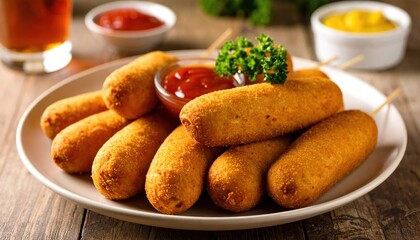 A plate of golden brown corn dogs are served with ketchup, mustard, and a drink.