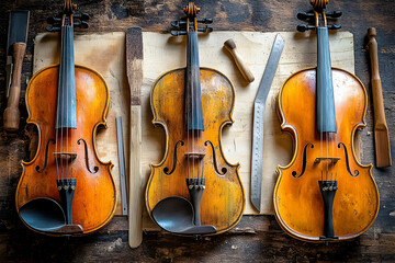 Fototapeta premium Three antique violins resting on a wooden workbench alongside various luthier's tools. A captivating image showcasing craftsmanship and musical heritage.
