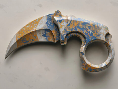 Intricate Karambit: A beautifully designed karambit knife, featuring a distinctive curved blade and finger ring, showcases a unique floral pattern on its surface. 