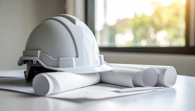 Safety helmet and blueprints on a white desk in front of a blurred background. - Powered by Adobe