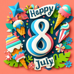Colorful July 8th celebration design with ice cream and flowers in a playful style