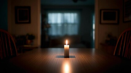 Single candle on a wooden table in a dimly lit room. - Powered by Adobe