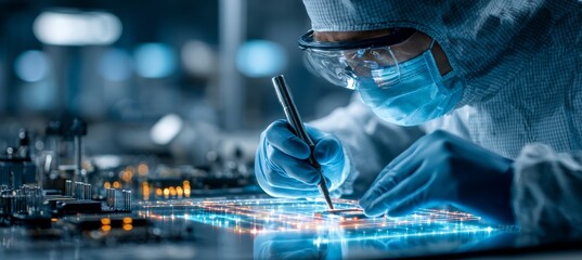 Scientist wearing full protection coat developing microchip at semiconductor factory laboratory. Generative AI technology.	
