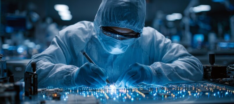 Scientist working on microchip at semiconductor factory laboratory. Generative AI technology.	
