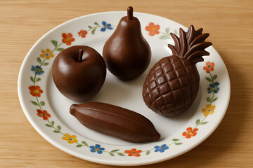 A delicious fruit arrangement made of chocolate, including an apple, a pear, a banana and a pineapple, presented on a decorative plate.