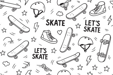 Vector doodle background featuring playful skateboard elements like boards, ramps, and motion lines, capturing the energetic spirit of skateboarding culture. © primus