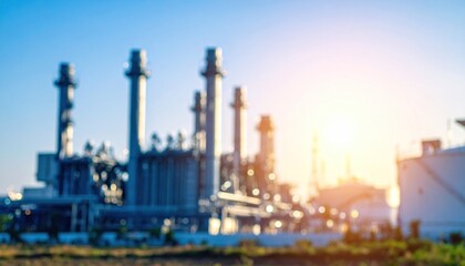 Blurred power plant with smokestacks during sunset, generating energy for distribution.