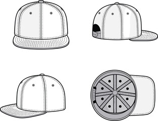 Baseball Cap Vector with Front, Back, Side, Bottom Views, Fashion Accessory Mockup, Headwear Illustration for Apparel Design, Stitch Detail Graphic