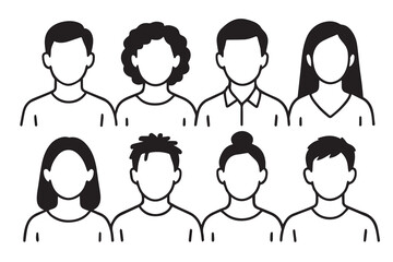 Vector icon set in black and white with bold outlines, featuring various male and female face styles in a clean, minimalist aesthetic.

