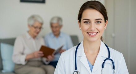 Caring doctor consults with elderly couple in medical setting