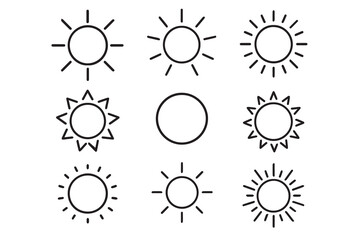 Minimalist vector icon set featuring various sun shapes, using clean lines and simple forms to represent warmth, light, and natural energy.

