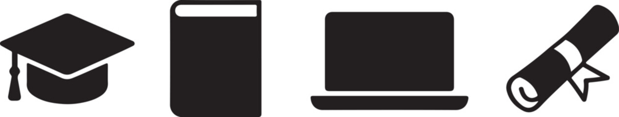 Obraz premium Minimalist icon set of online education items including graduation cap, book, laptop, and diploma in flat vector style. 