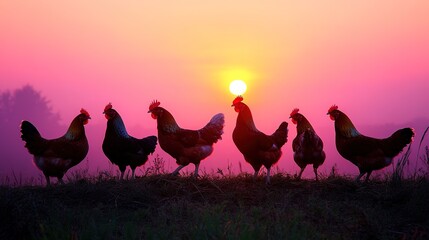 Silhouettes of six chickens standing on grass during a vibrant pink and orange sunrise.
