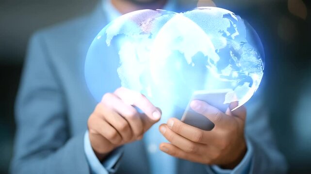 Professional man leveraging smartphone technology for worldwide digital marketing connections.