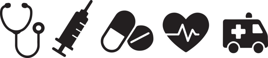 Flat vector icons of medical and healthcare symbols including stethoscope, syringe, pill, heart rate, and ambulance.
