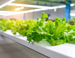 Crisp lettuce growing in a controlled environment. Modern agriculture for sustainable food production. Shows innovation, technology,  fresh produce.
