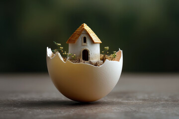 Nestled in an eggshell, a miniature house adorned with flowers emerges, symbolizing new beginnings and the magic of imagination.